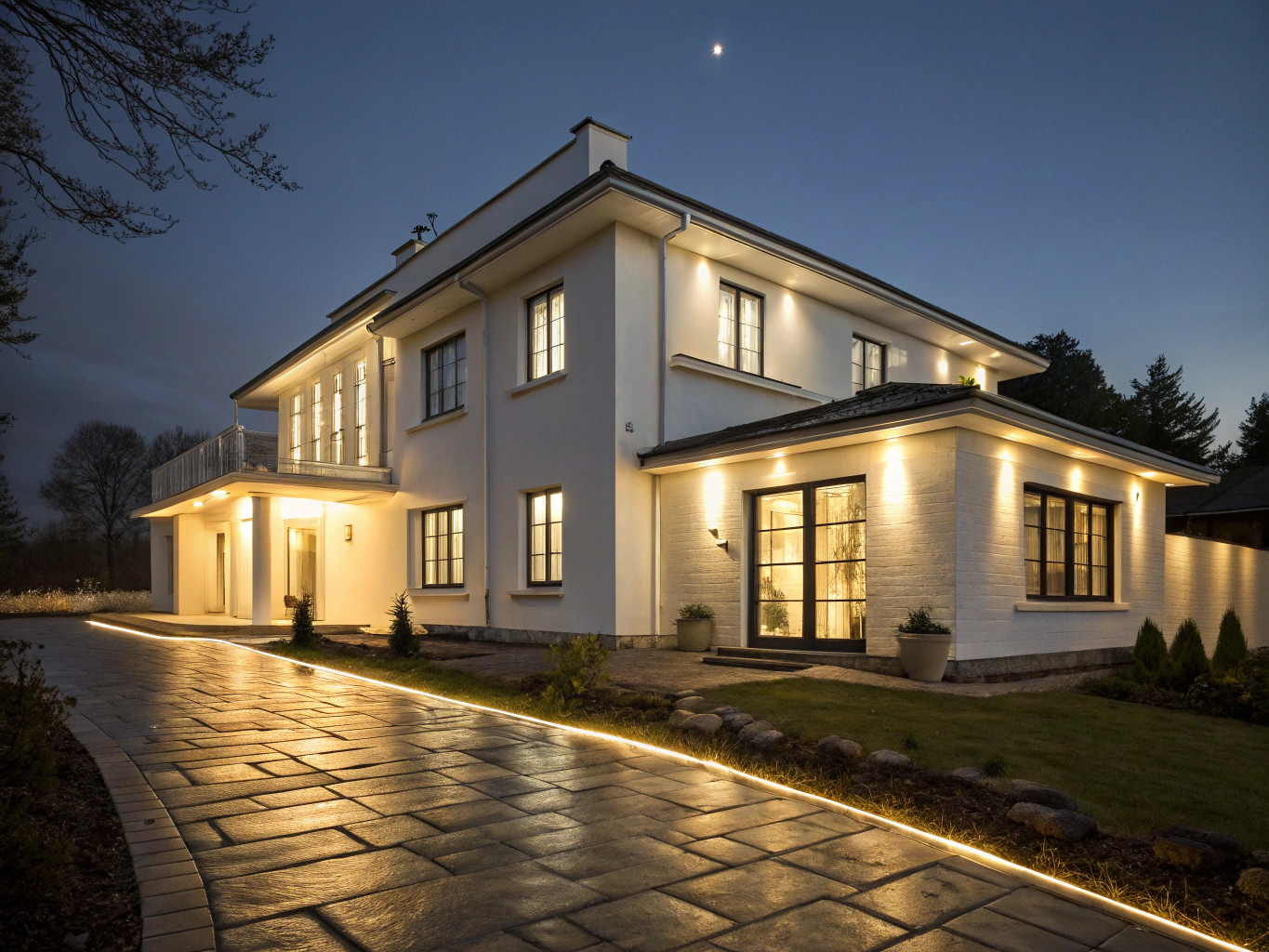 Modern home facade with architectural lighting