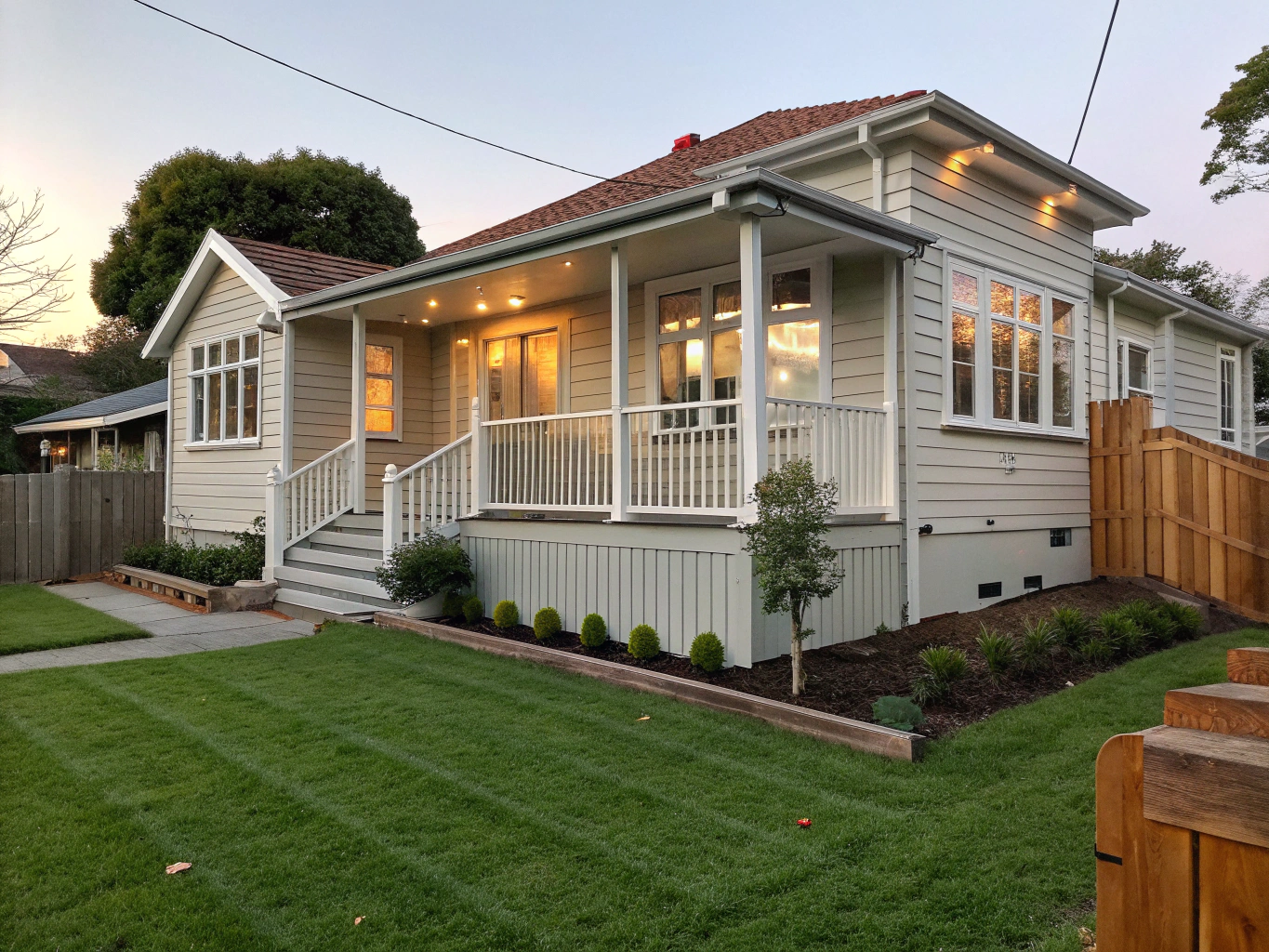 Stunning residential home exterior decorated with professional warm white Christmas lights