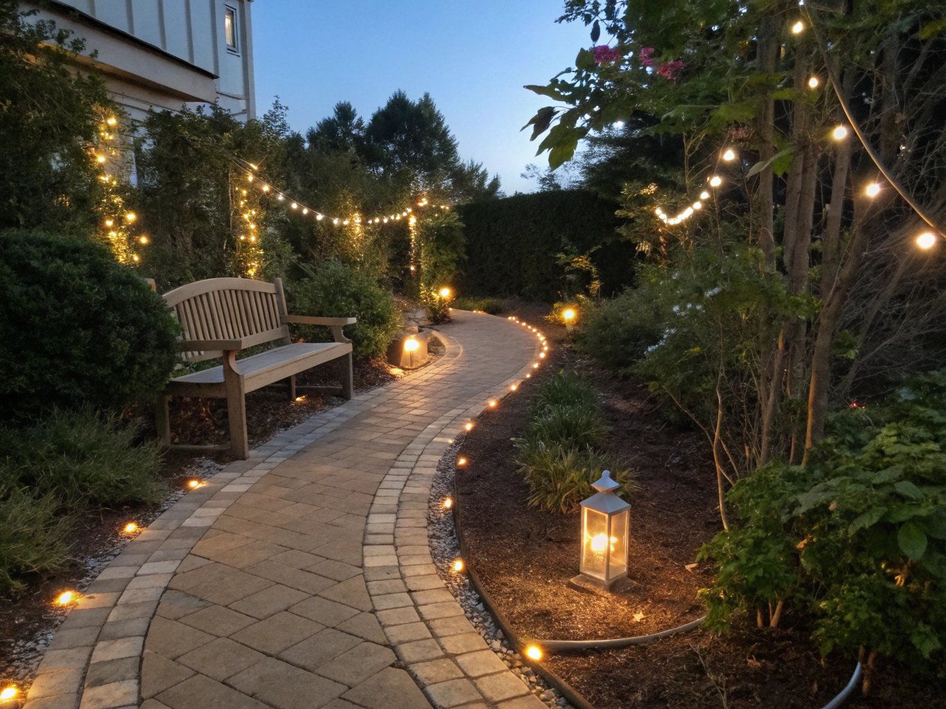 Elegant outdoor landscape lighting illuminating a luxury Brentwood garden