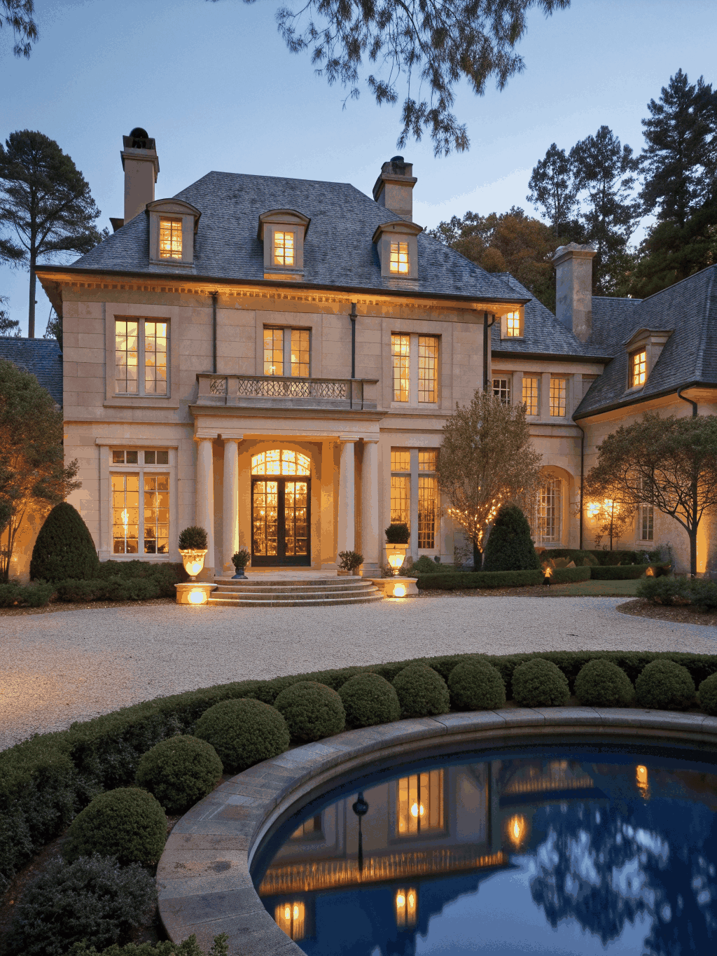 Sophisticated architectural lighting highlighting stone facade