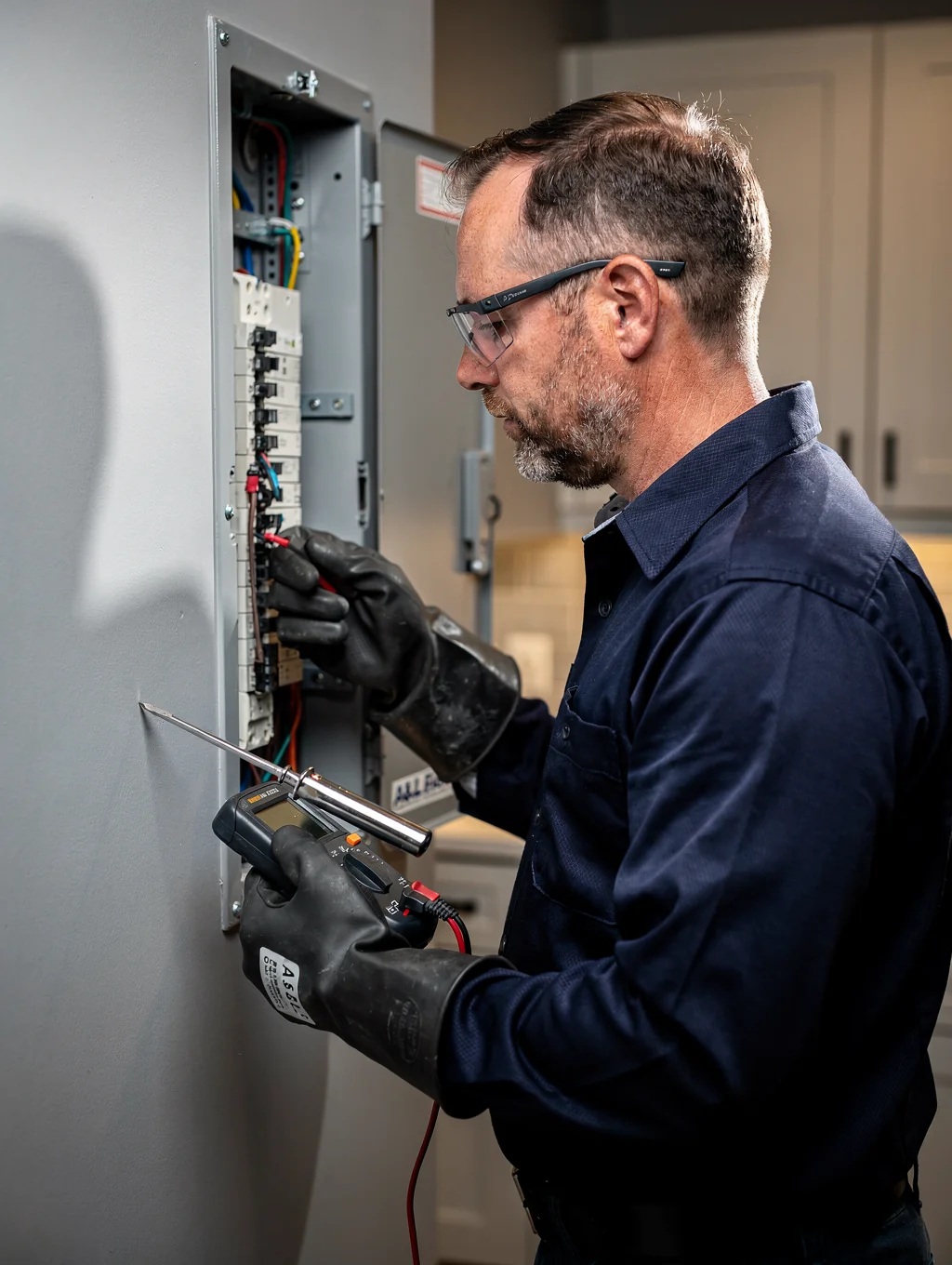 Technician performing emergency electrical panel repair