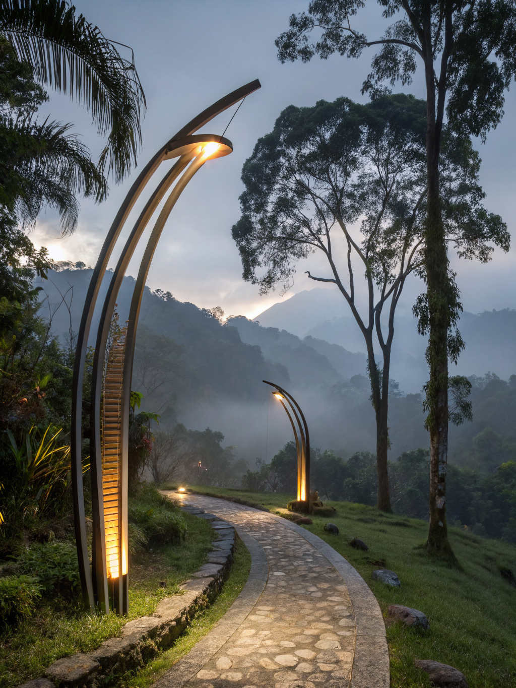 Illuminated garden sculpture and tree at night