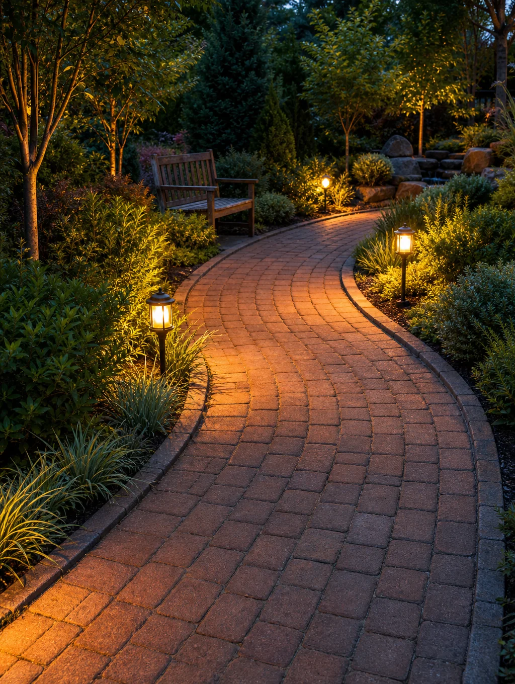Detailed landscape lighting accentuating garden features