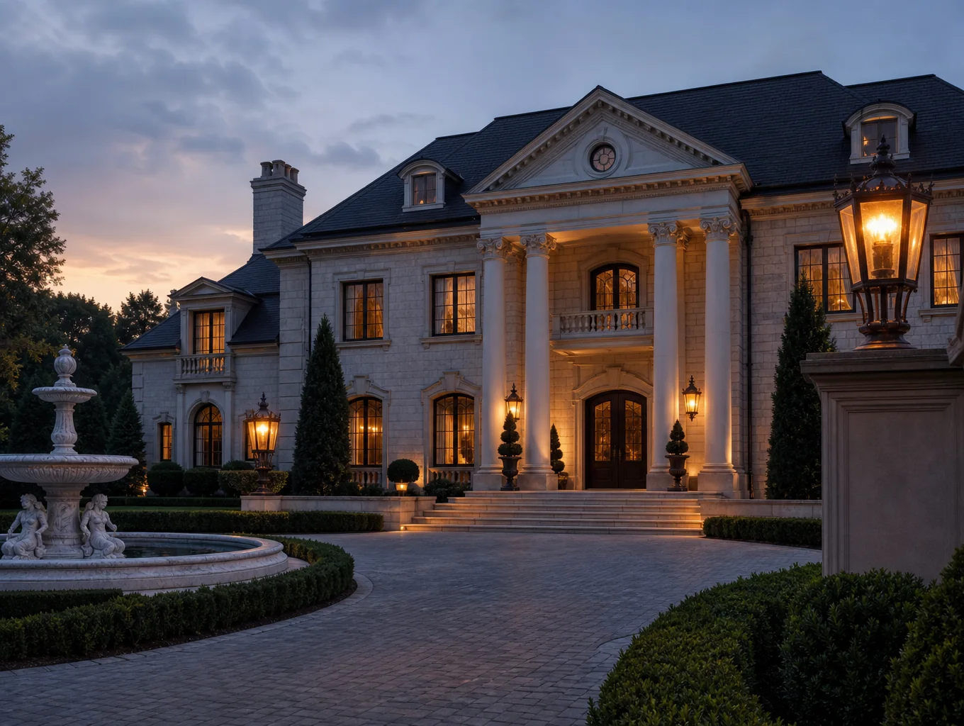 Professional landscape lighting illuminating a luxury home exterior at night