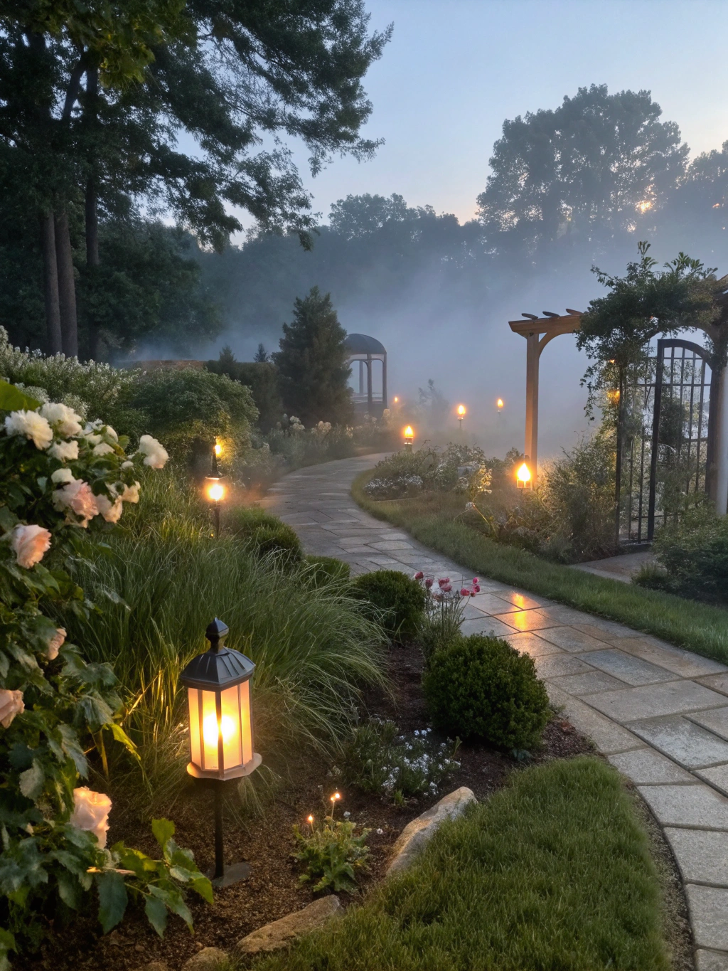 Professional landscape lighting illuminating a beautiful residential garden at night