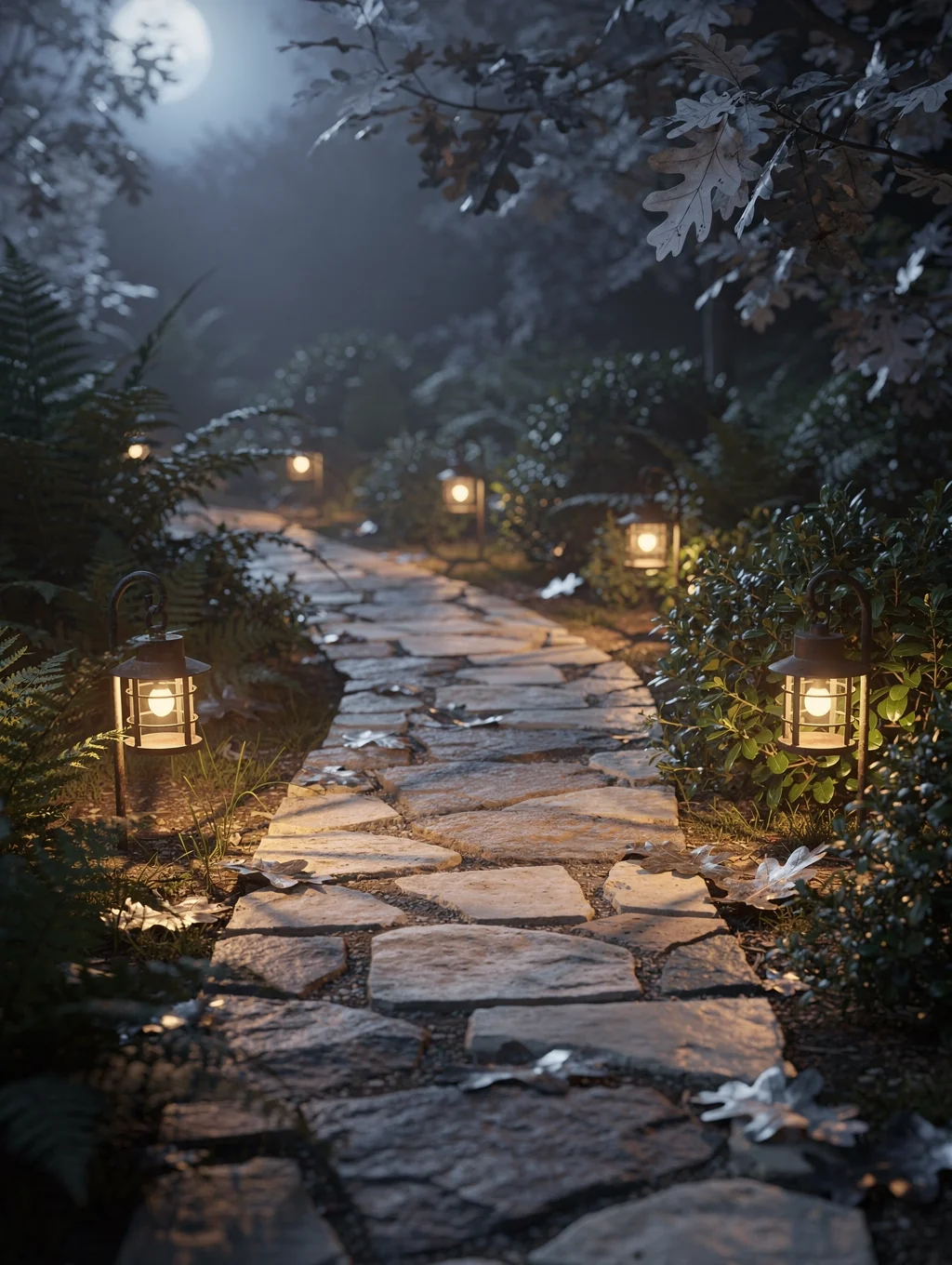 Garden pathway illuminated by low-voltage landscape lights