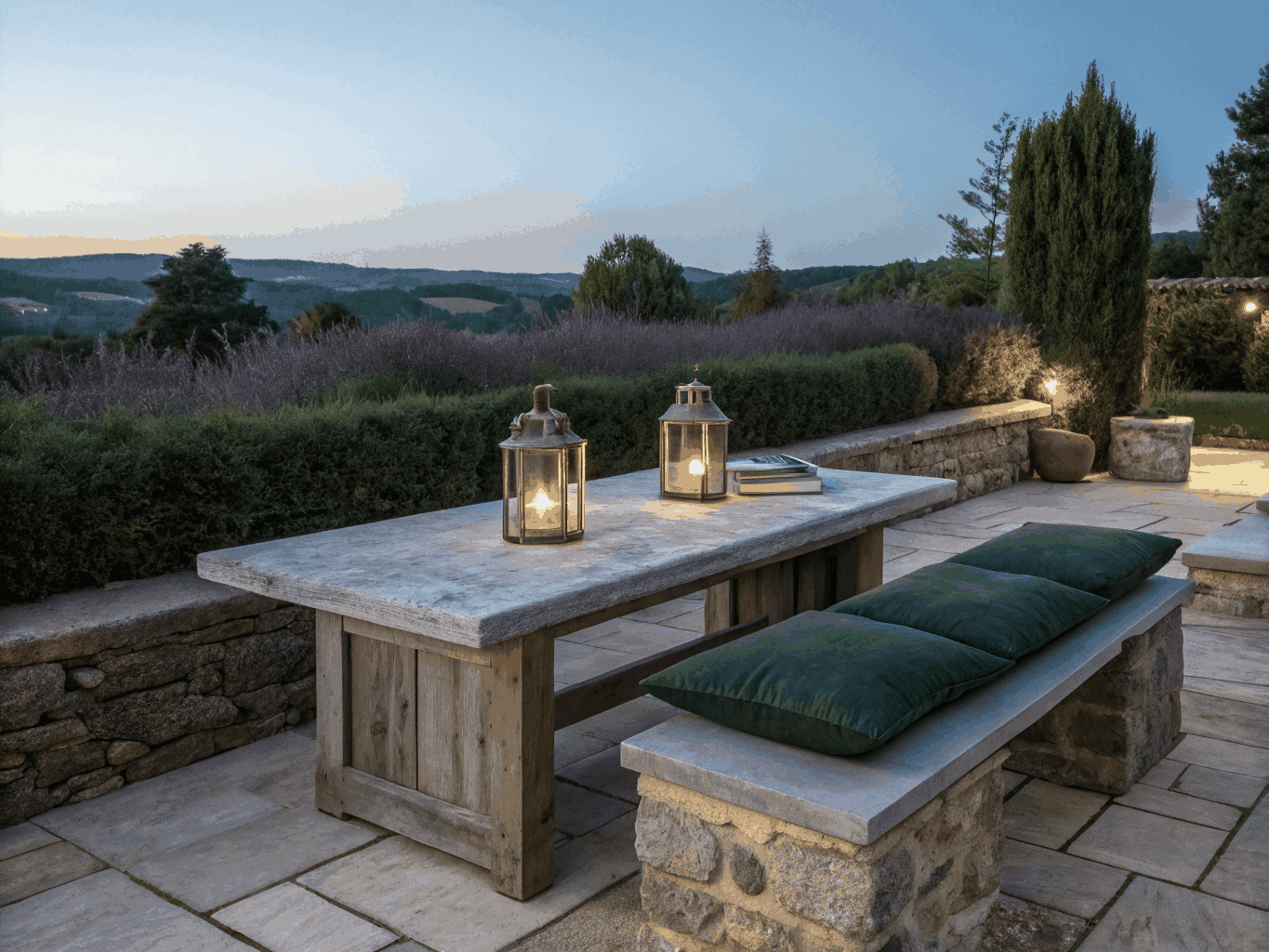 Backyard patio with warm garden lighting