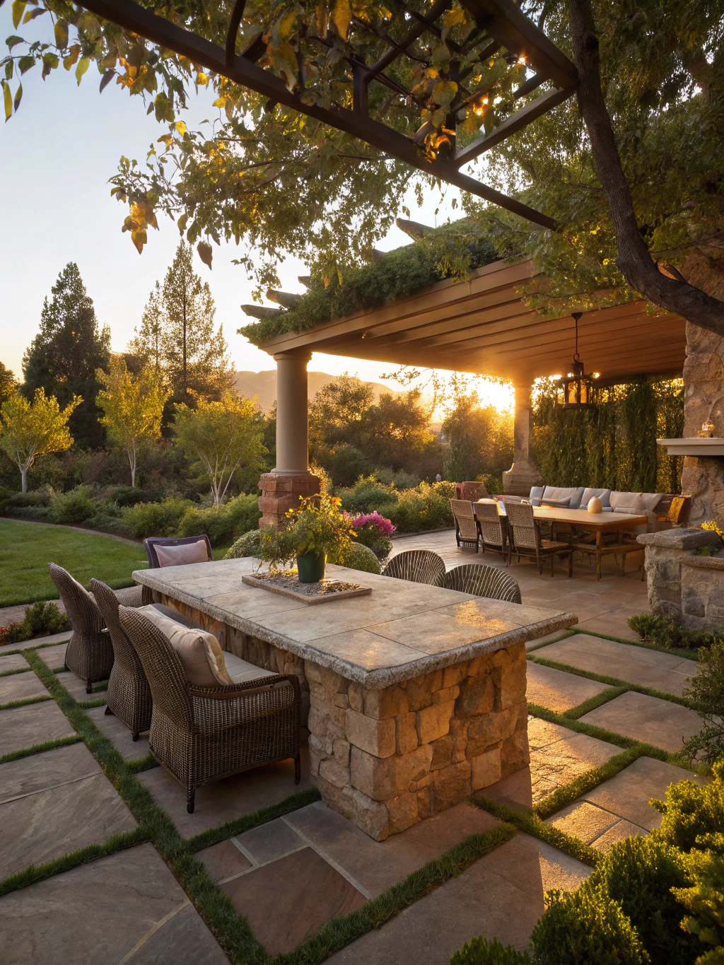 Warm ambient lighting on a stone patio in Franklin