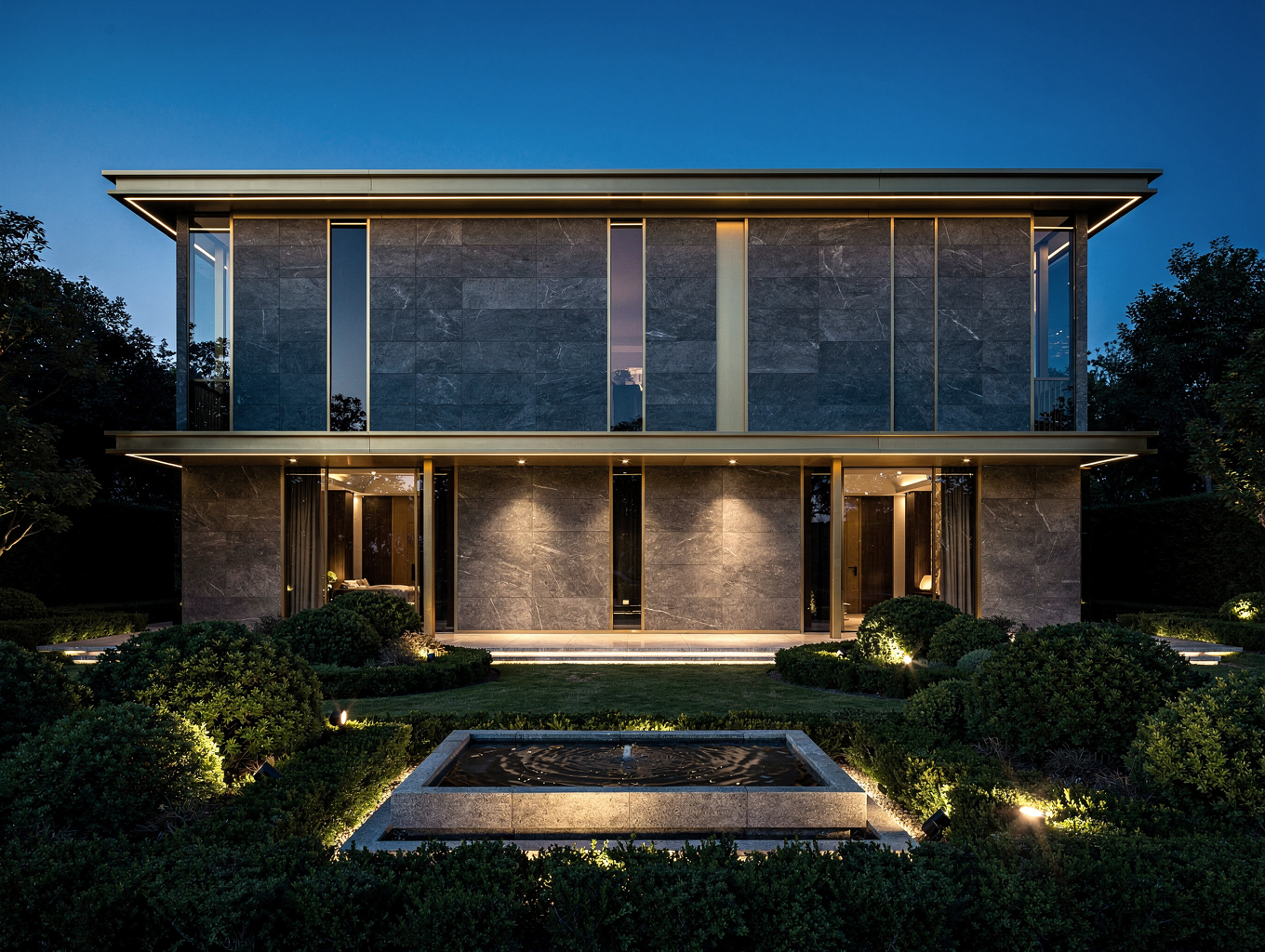 Elegant landscape lighting illuminating a luxury home exterior in Brentwood